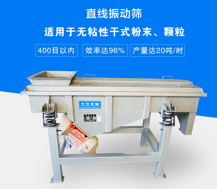 直線振動(dòng)篩適用于無粘性干式粉末、顆粒，產(chǎn)量達(dá)20噸/時(shí)
