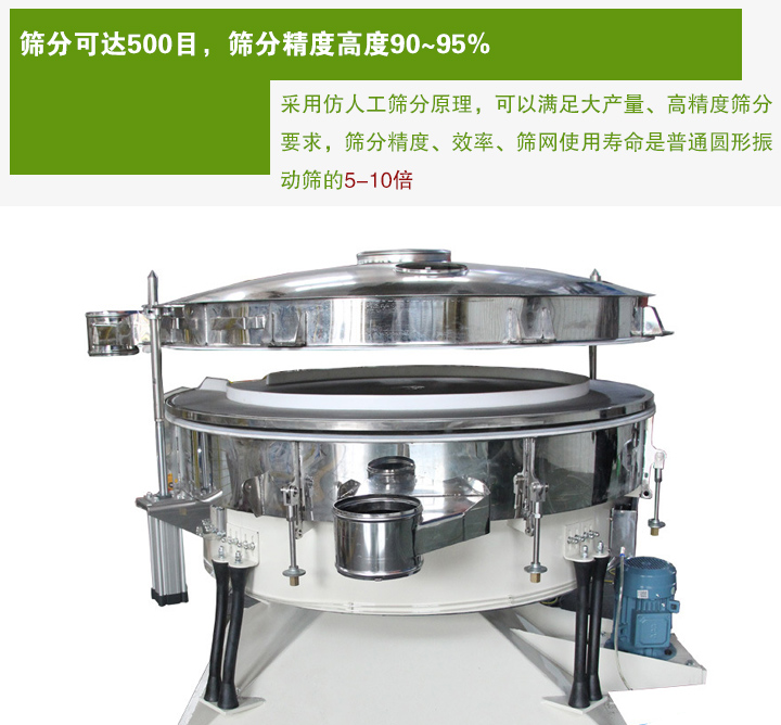 搖擺篩分機(jī)采用仿人工篩分原理，可以滿足大產(chǎn)量、高精度篩分 要求，篩分精度、效率、篩網(wǎng)使用壽命是普通圓形振 動(dòng)篩的5-10倍