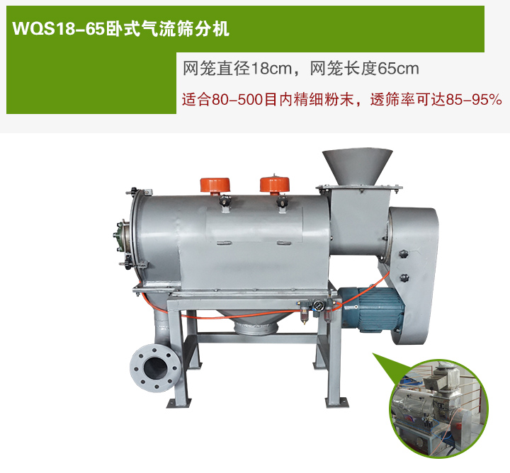 WQS18-65臥式氣流篩分機(jī)網(wǎng)籠直徑為18cm，網(wǎng)籠長度為65cm
